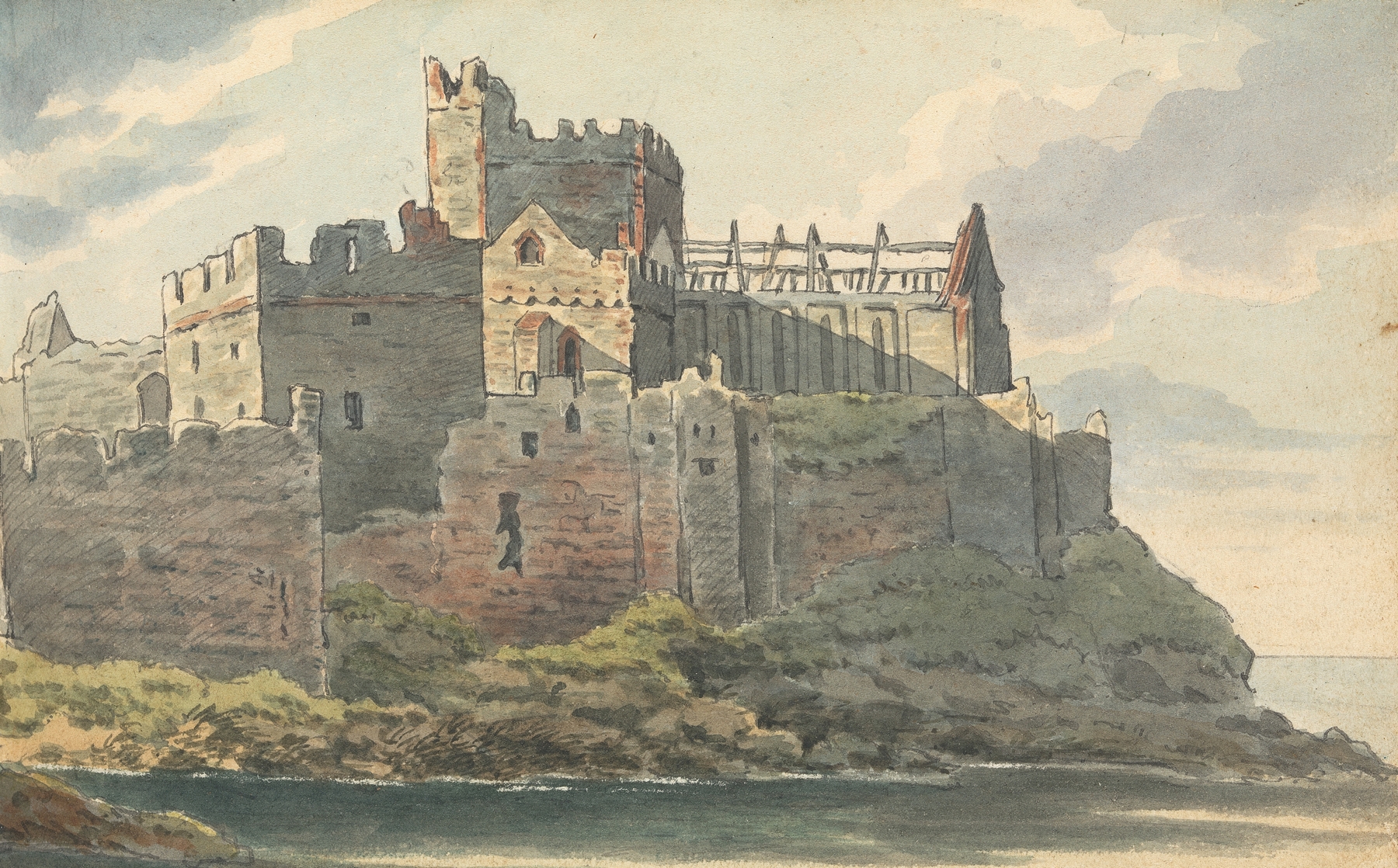 Ruins of a castle on a rocky coastline, oil painting by Thomas Bradshaw