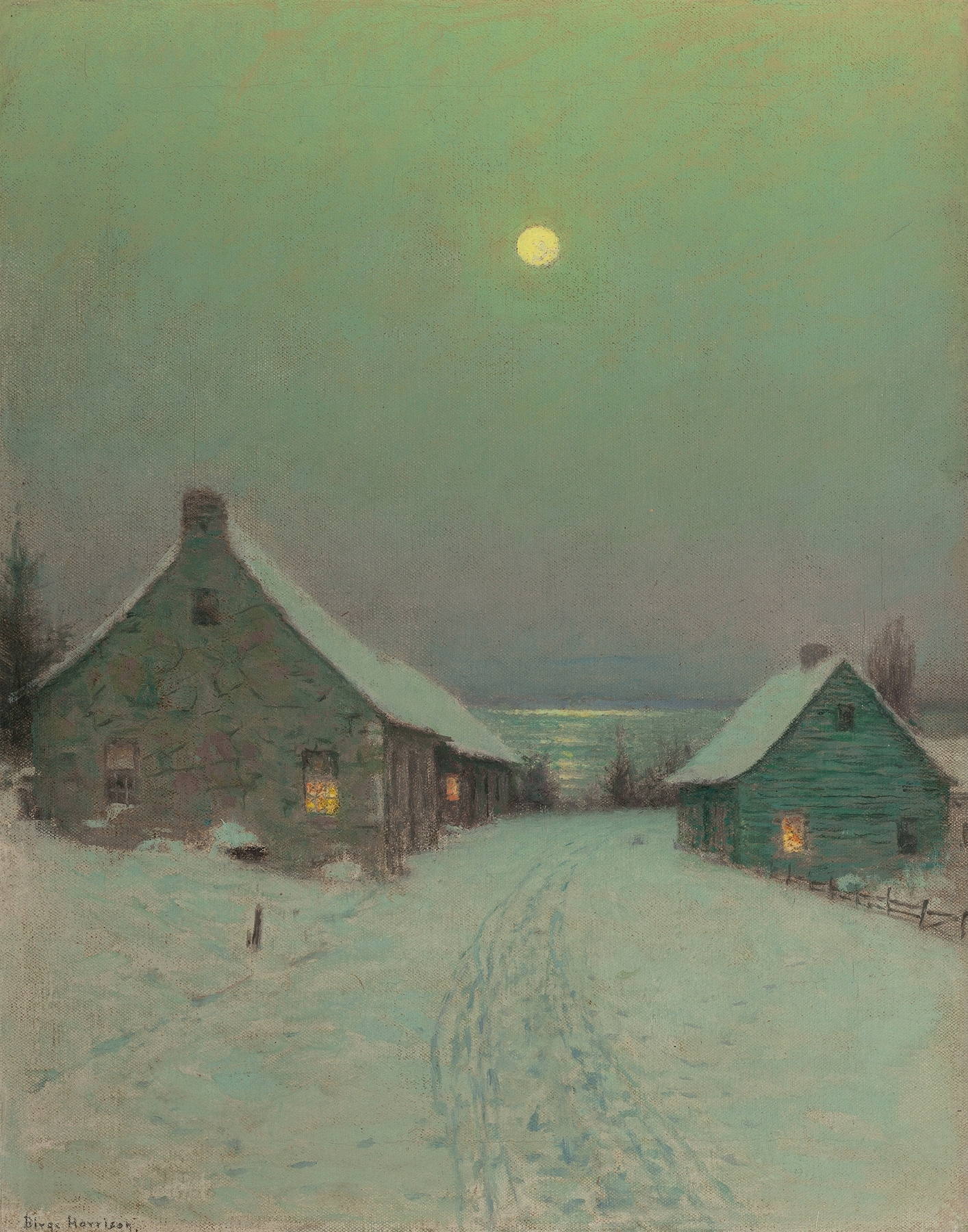 Landscape oil painting by Birge Harrison featuring a serene winter scene with soft and golden light.