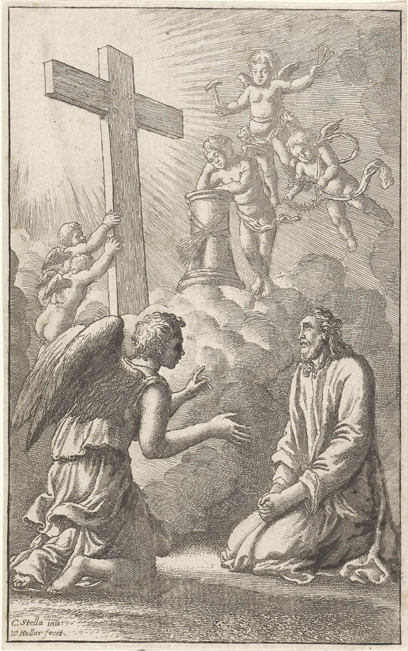 Kneeling Christ surrounded by angels with passion tools, etching by Wenceslaus Hollar