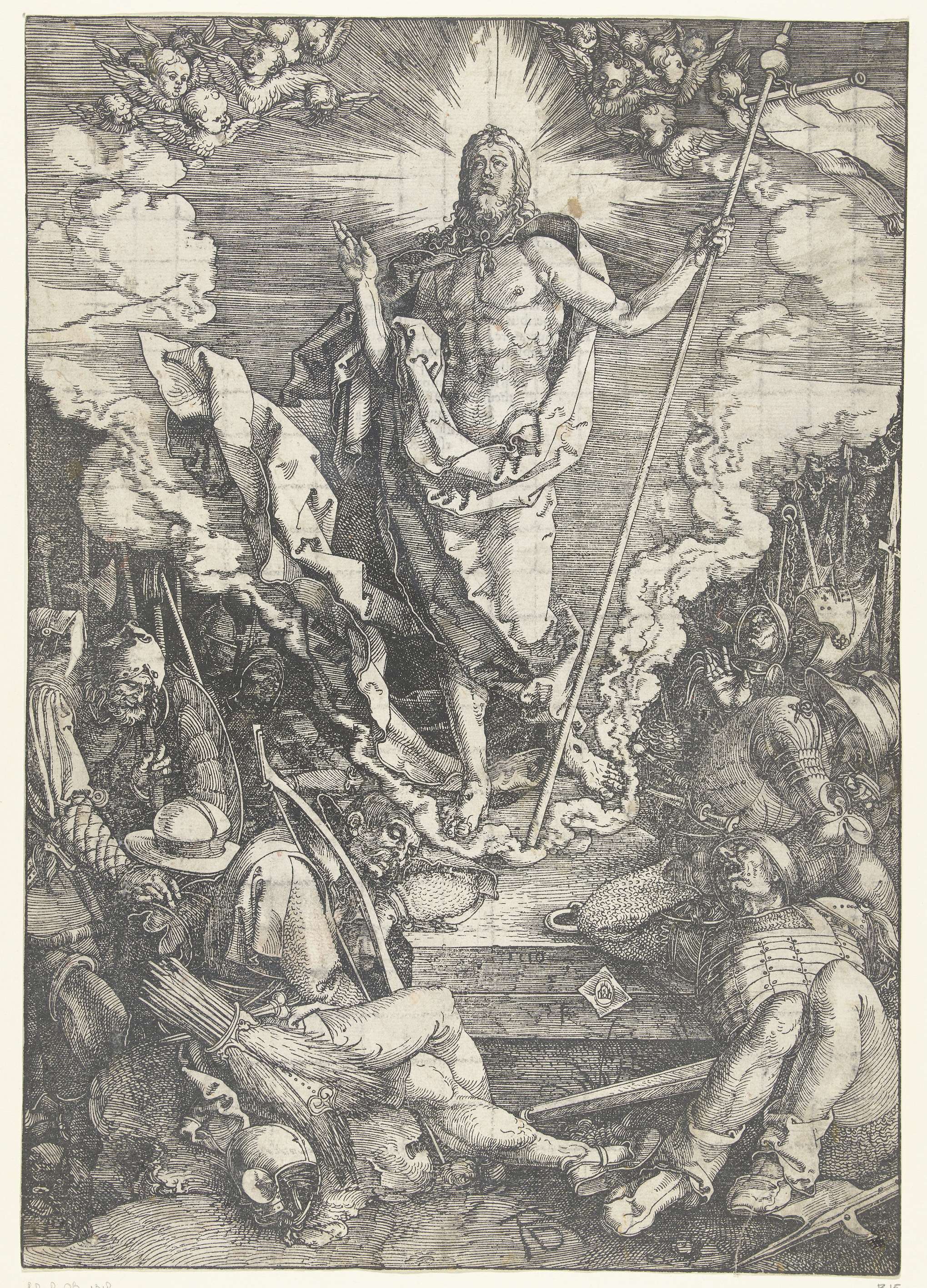 Resurrection scene in engraving by Albrecht Dürer, featuring intricate light and shadow.