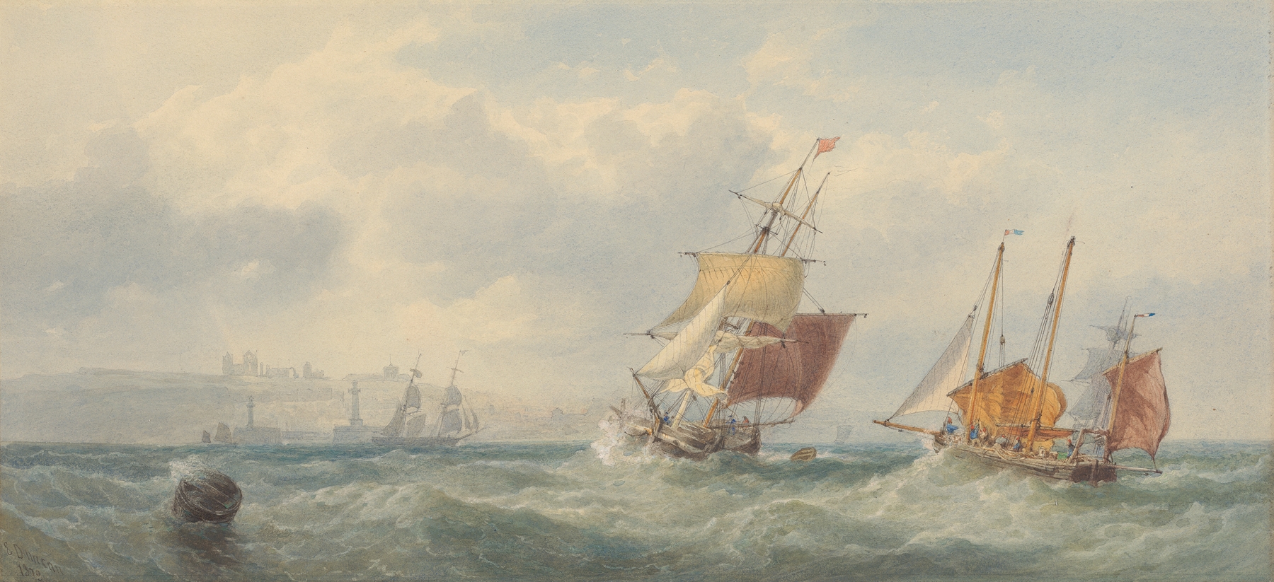 Off Whitby by Edward Duncan, oil painting of a fishing vessel on tranquil water