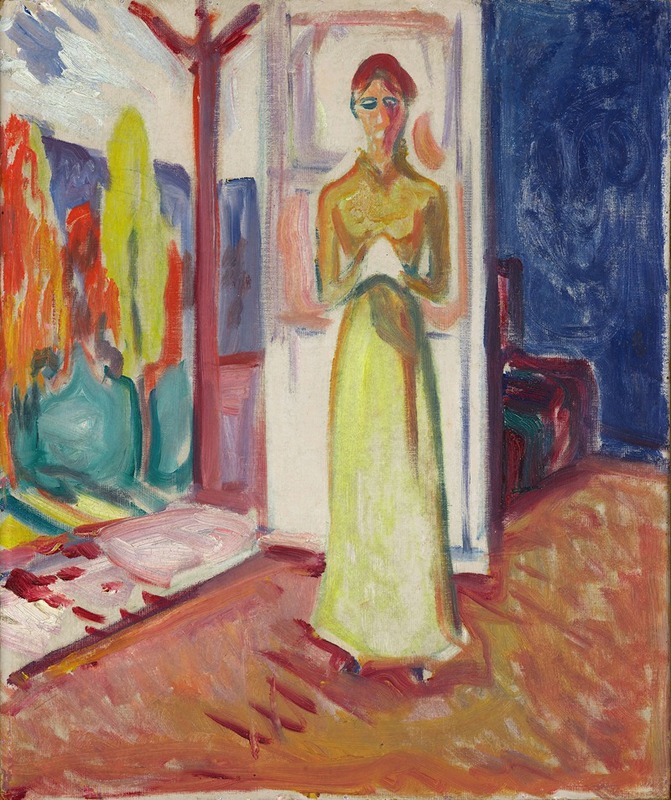 Edvard Munch's 'Woman Standing in the Doorway' captures a solitary figure in a doorway, embodying themes of isolation and introspection.