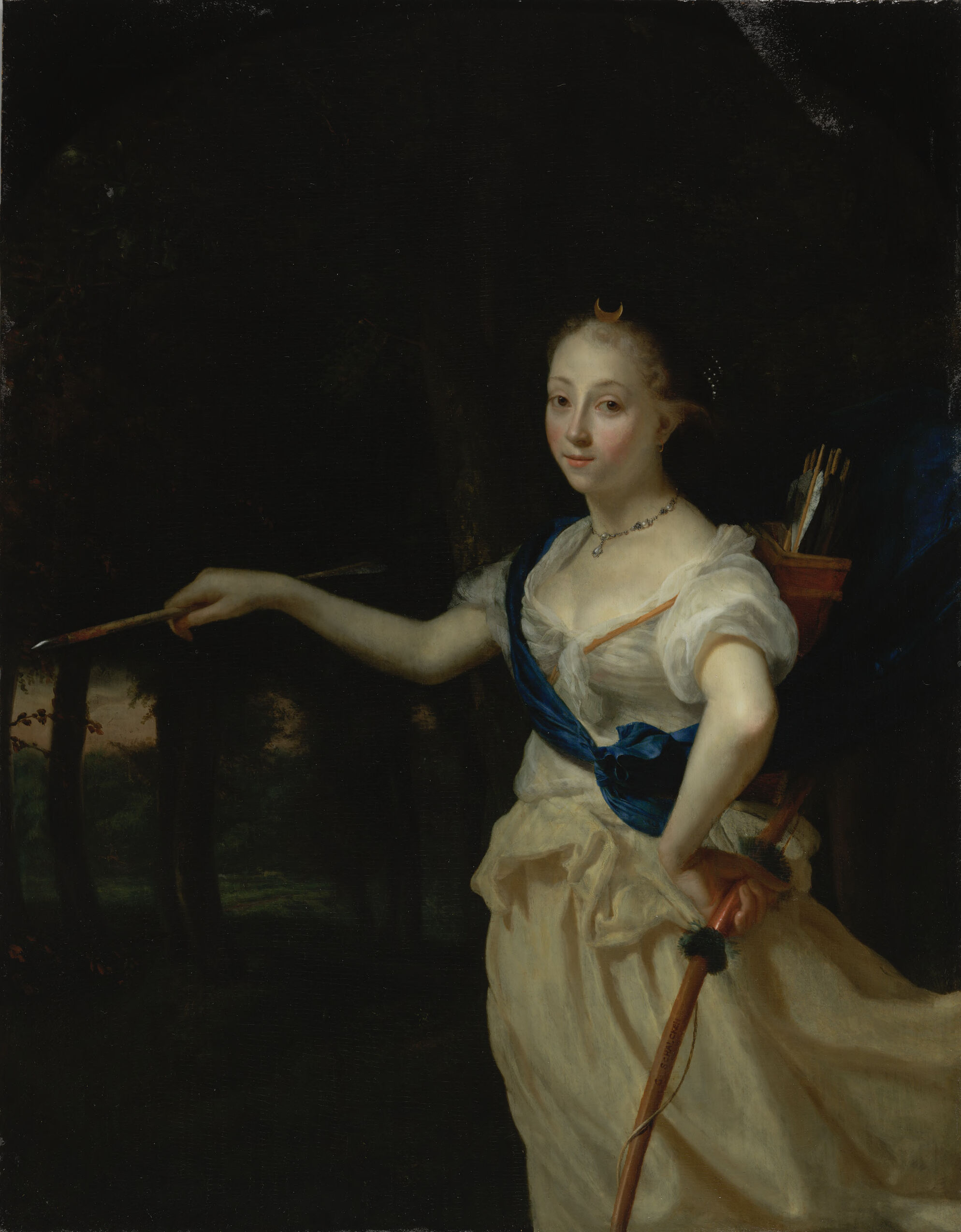 Portrait of a lady as the Goddess Diana, oil on panel by Godfried Schalcken