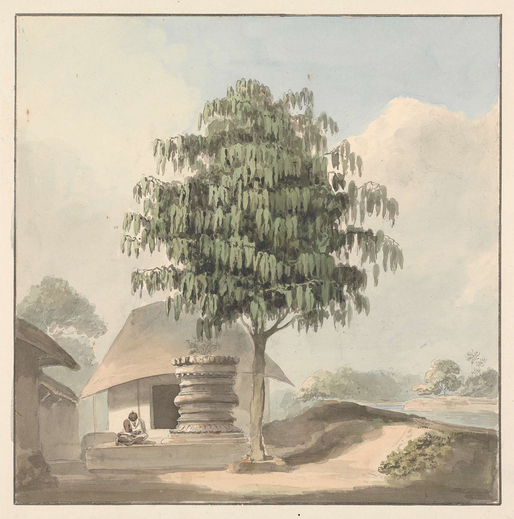 Holy man seated under a tree in earth-toned robes, oil painting by Samuel Davis