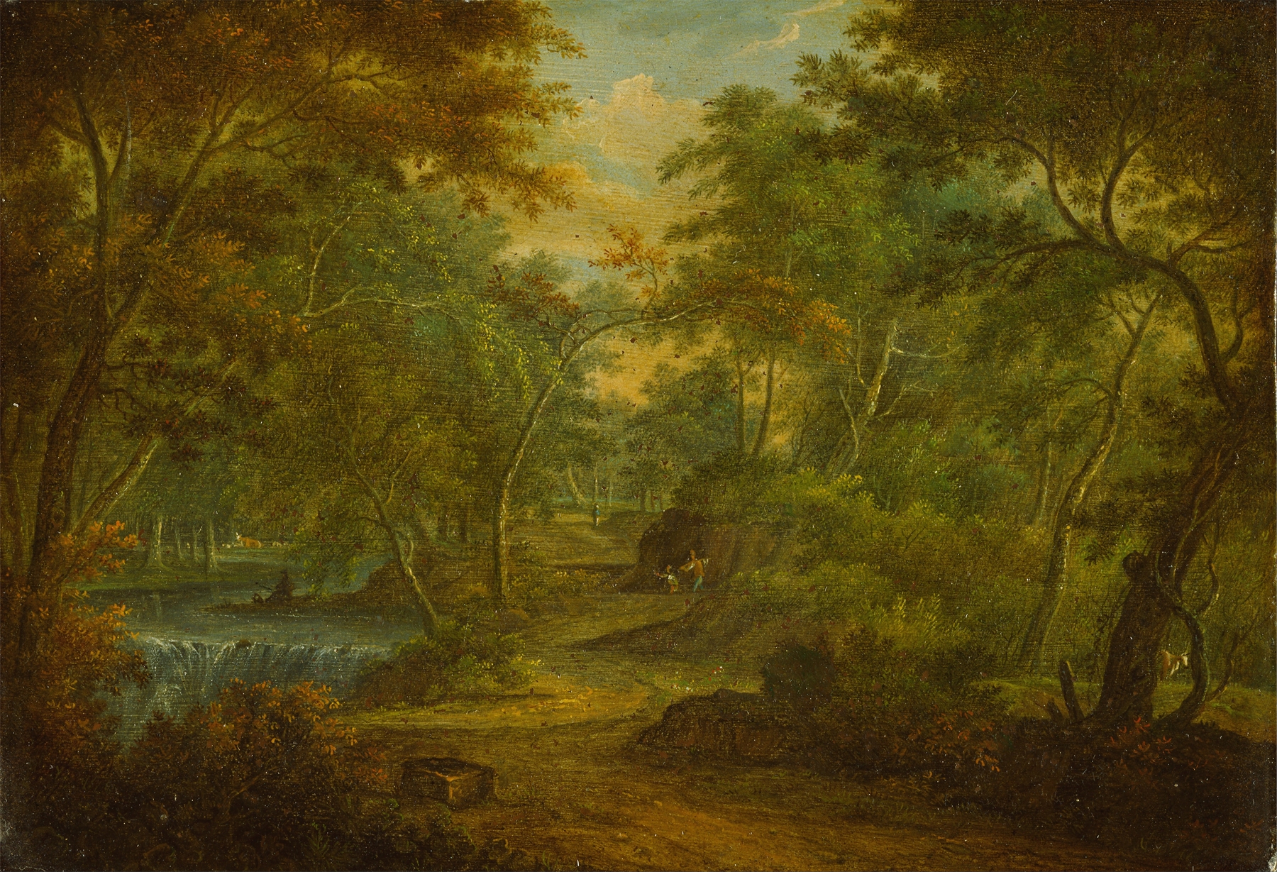 A wooded landscape with a stream and a fisherman, oil painting by Thomas Smith of Derby