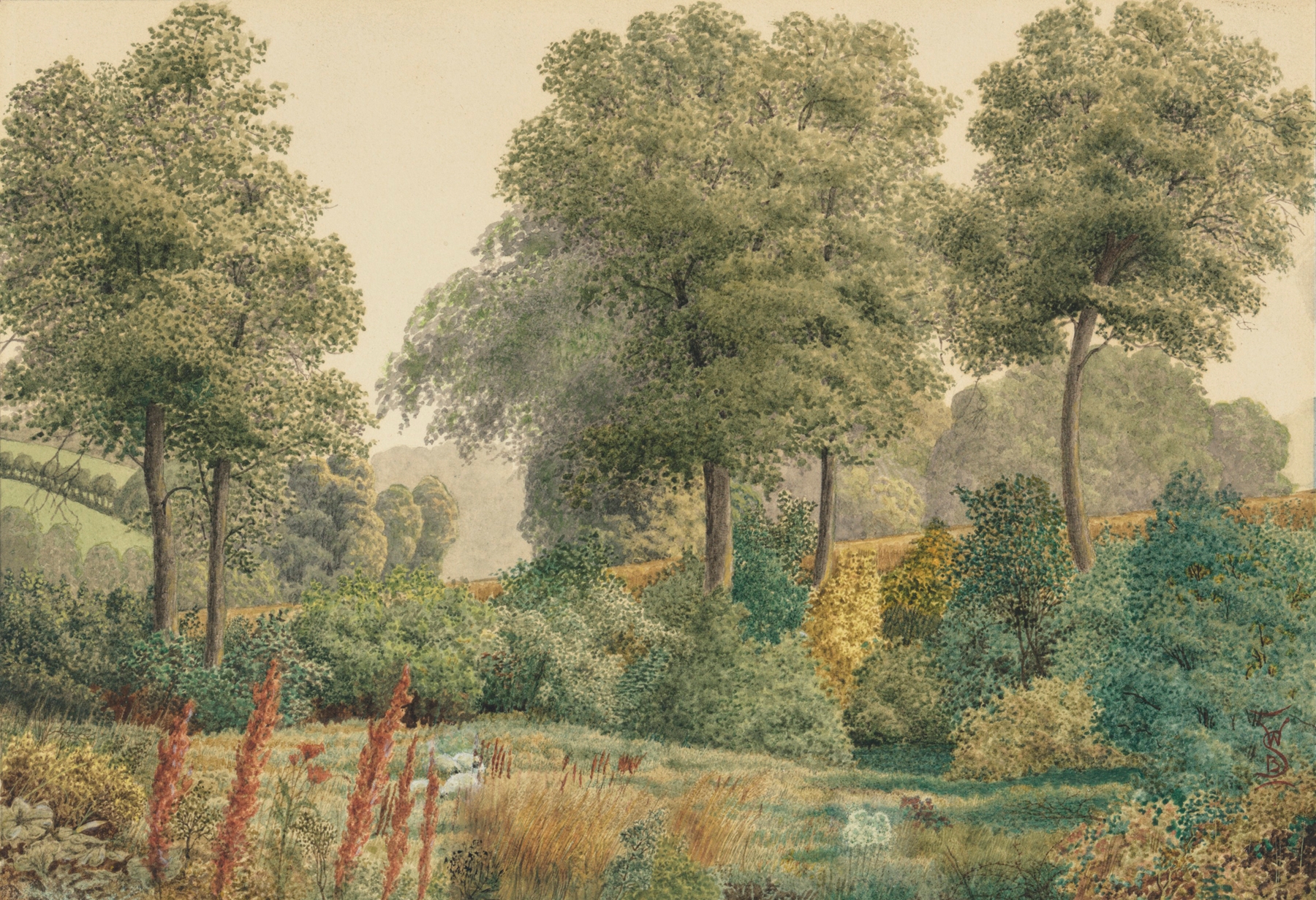 Enchanted Corner by William Bell Scott, oil on canvas depicting a lush forest with dappled sunlight.