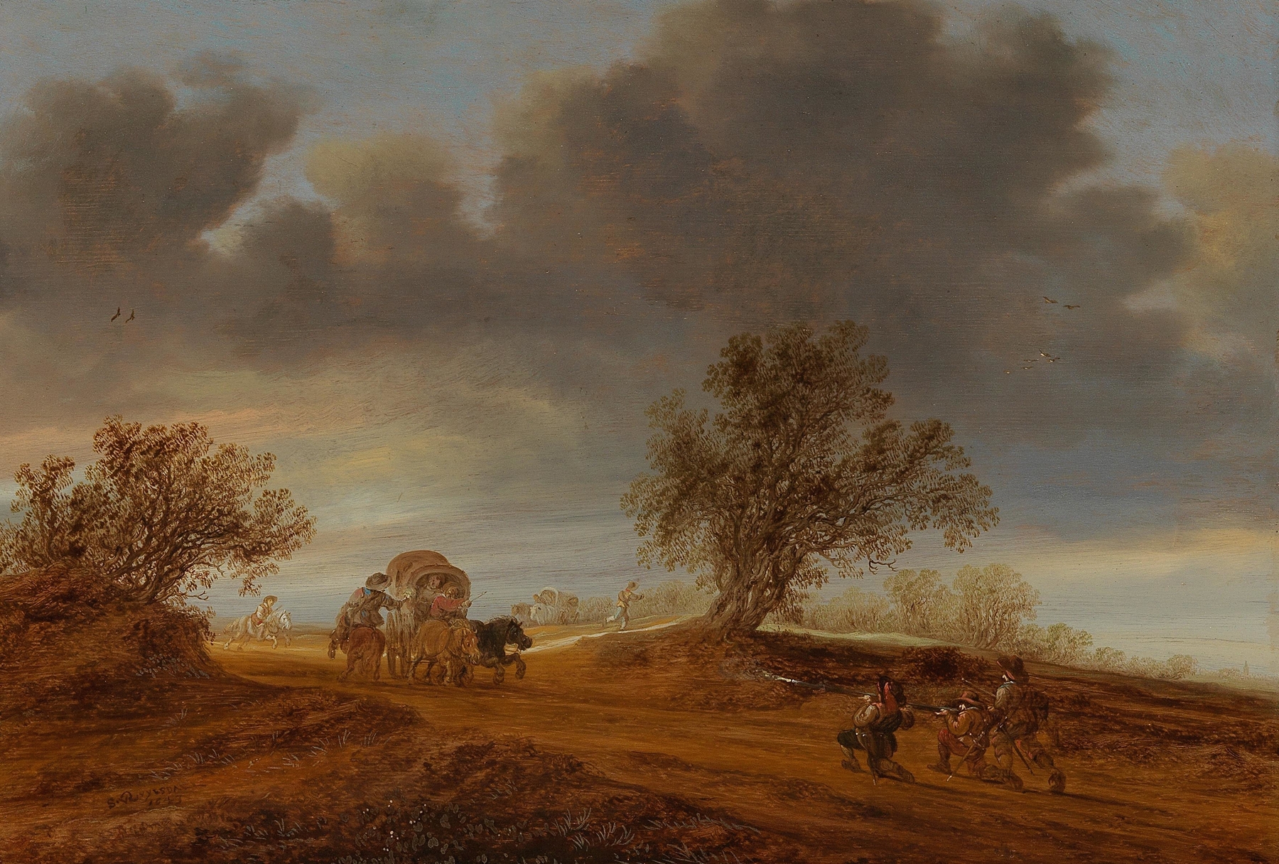 A raid on a horse and wagon in the dunes at sunset, oil on canvas by Jacob Salomonsz. van Ruysdael