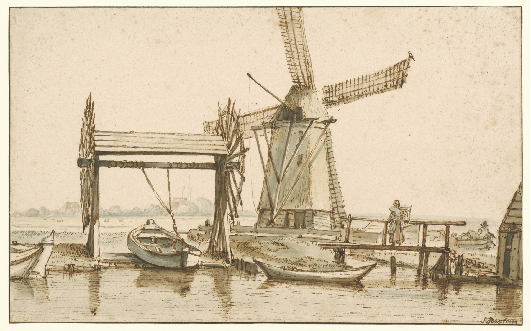 Landscape with a windmill and river, oil on canvas by Anthonie van Borssom