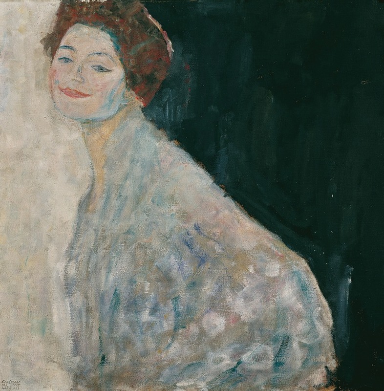 Dame in Weiß by Gustav Klimt features a woman in white against a golden background.