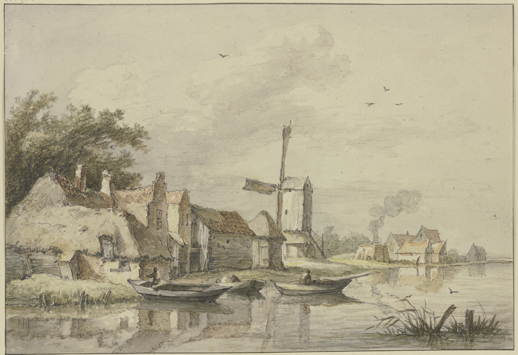 Dorf mit einer Windmühle am Wasser, by Jan Hulswit, public domain