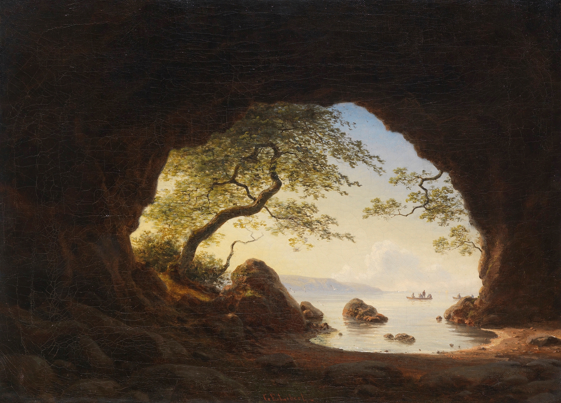 Felsgrotte auf Bornholm by Georg Emil Libert, oil on canvas depicting a cavern with light and shadow.