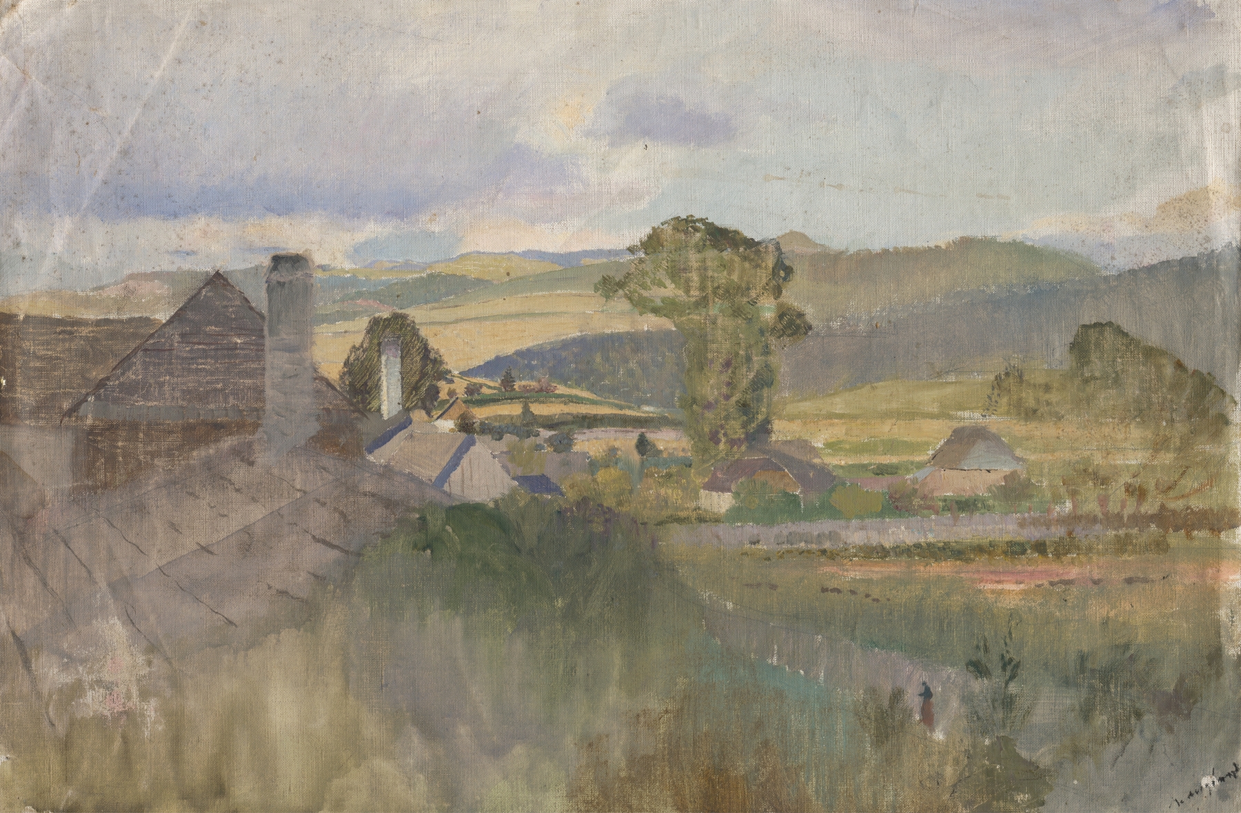Village below the Tatras, oil on canvas by Ladislav Mednyánszky depicting a village with mountains and golden light.