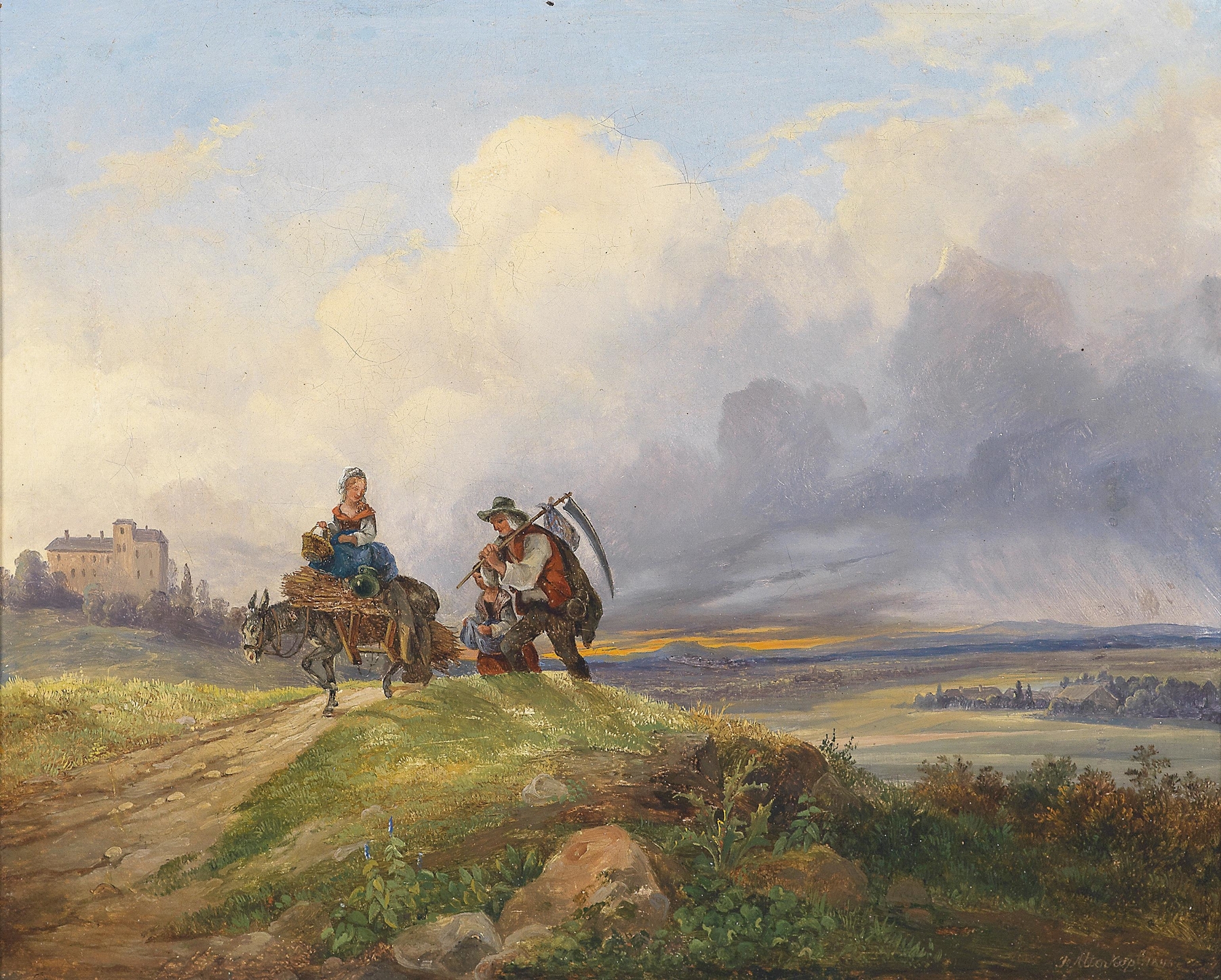 Genre scene depicting a tired farmer walking home, oil painting by Josef Altenkopf