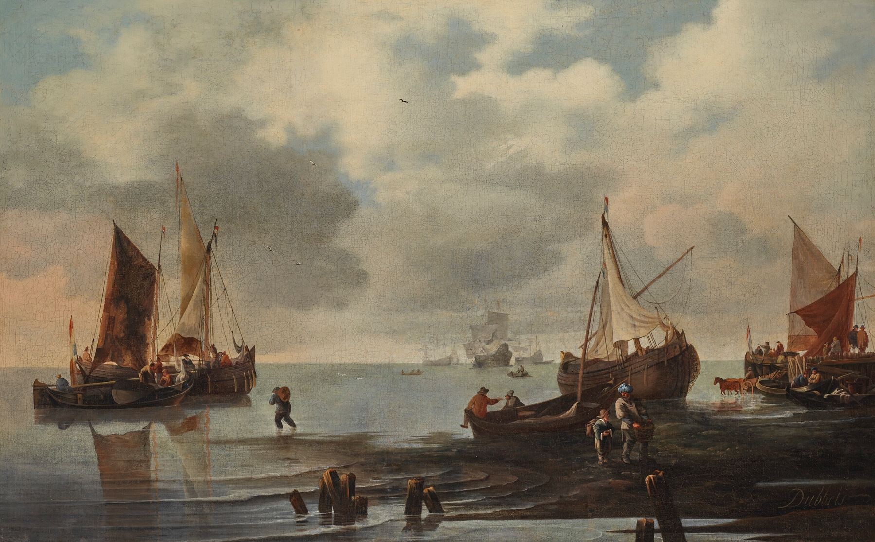 A calm with ships and fishermen along the shore, oil painting by Hendrick Jacobsz. Dubbels