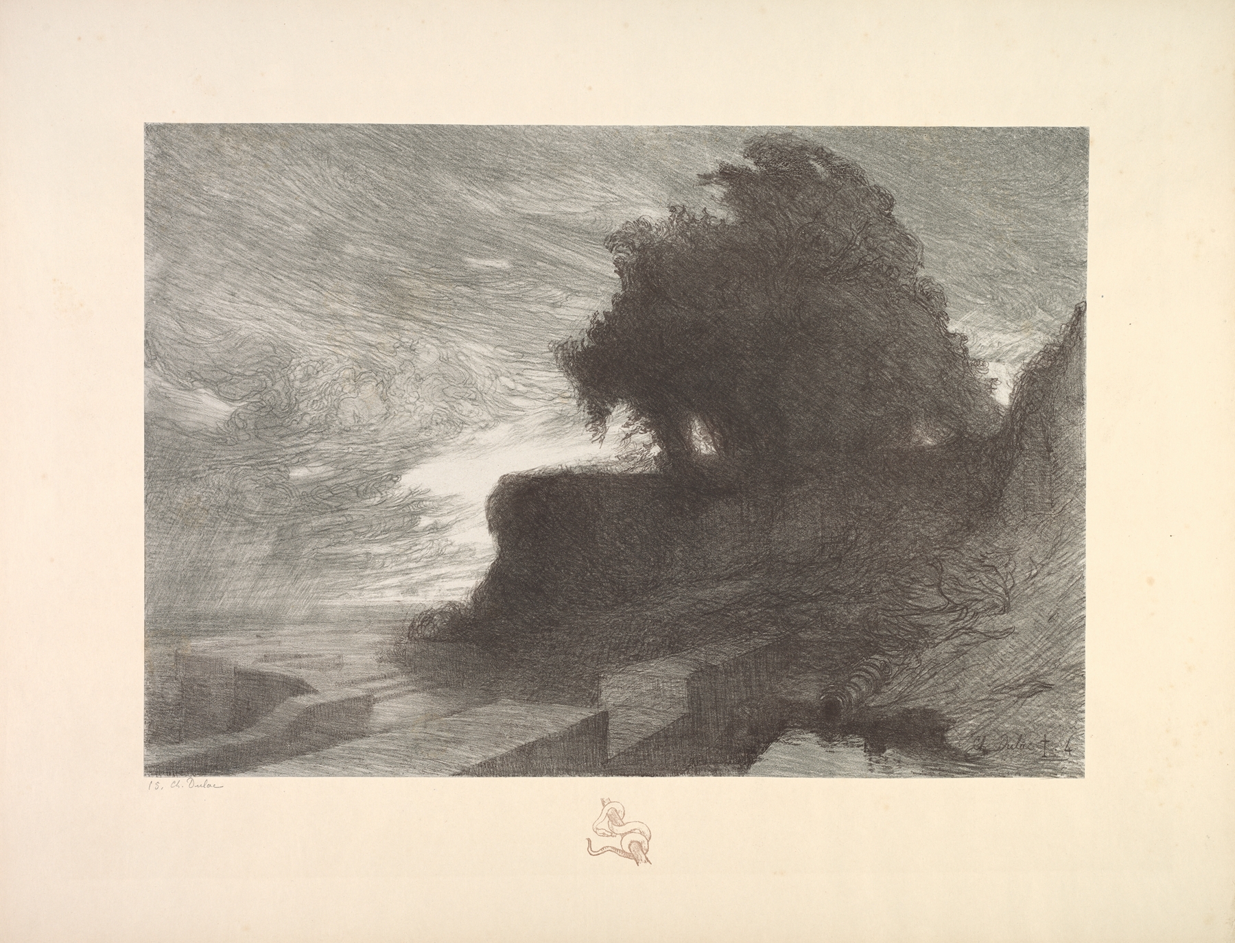 Landscape, Plate 4, Remarque, Snake by Charles Marie Dulac, depicting a snake in a lush landscape.