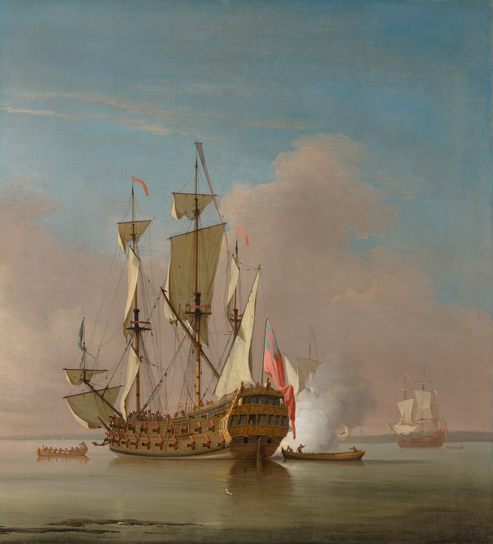 A Royal Navy 46-gun Man-o-war firing a salute in a calm sea, by Peter Monamy, public domain