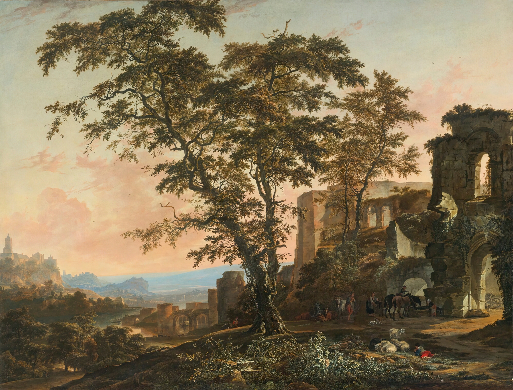 Extensive Rhenish landscape with peasants and animals resting, oil on canvas by Hendrik van Minderhout.