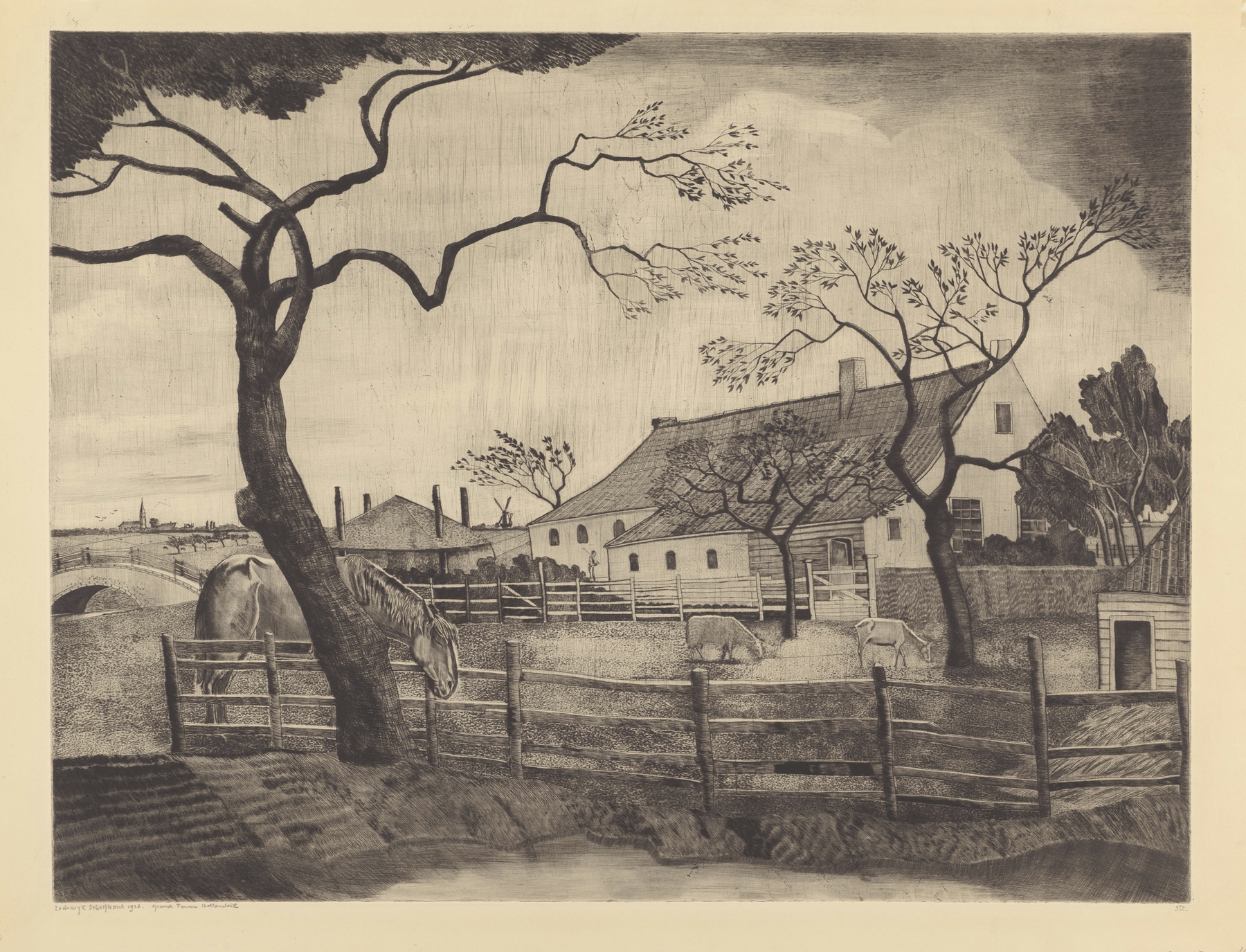 Landscape depicting a farm with cattle in Holland by Lodewijk Schelfhout, oil painting