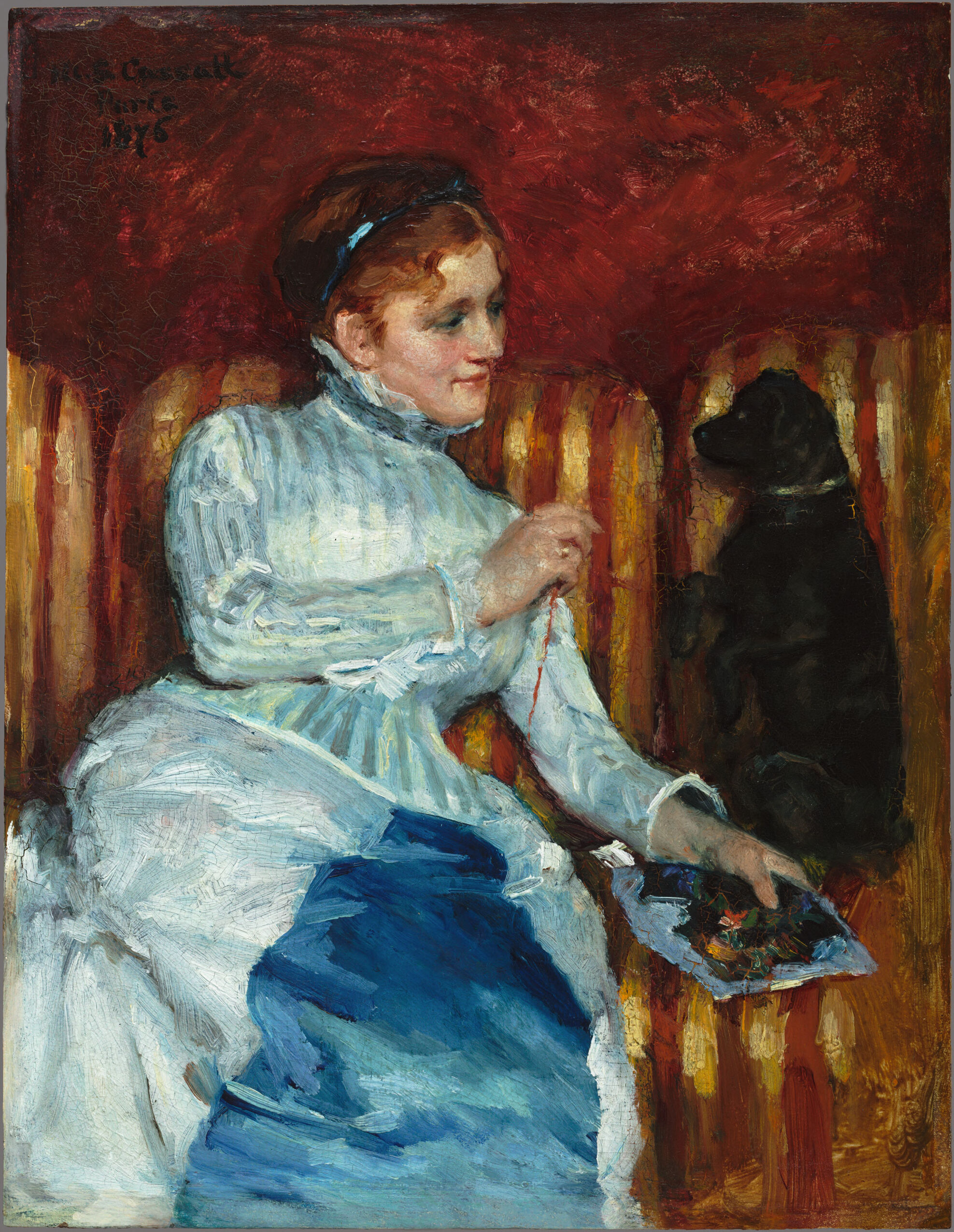Woman on a Striped Sofa with a Dog, by Mary Cassatt, public domain