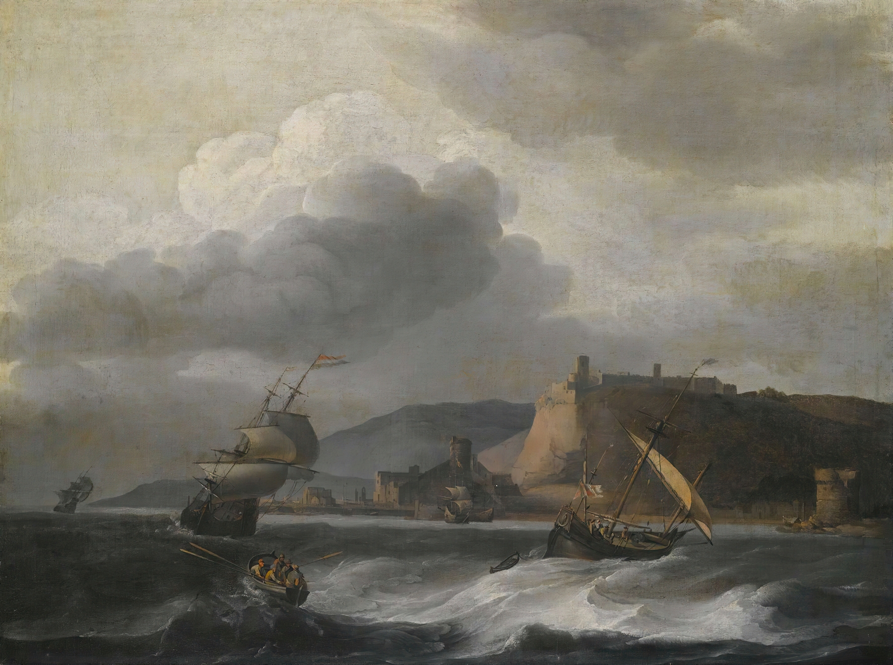 Shipping off a coast in choppy water, by Aernout Smit, public domain