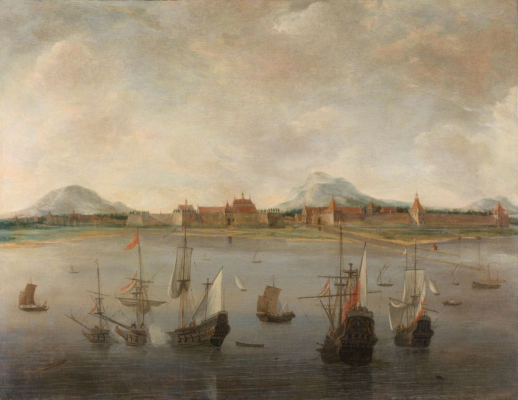 View of Batavia by Hendrick Jacobsz. Dubbels, oil painting depicting a river at dusk with buildings.