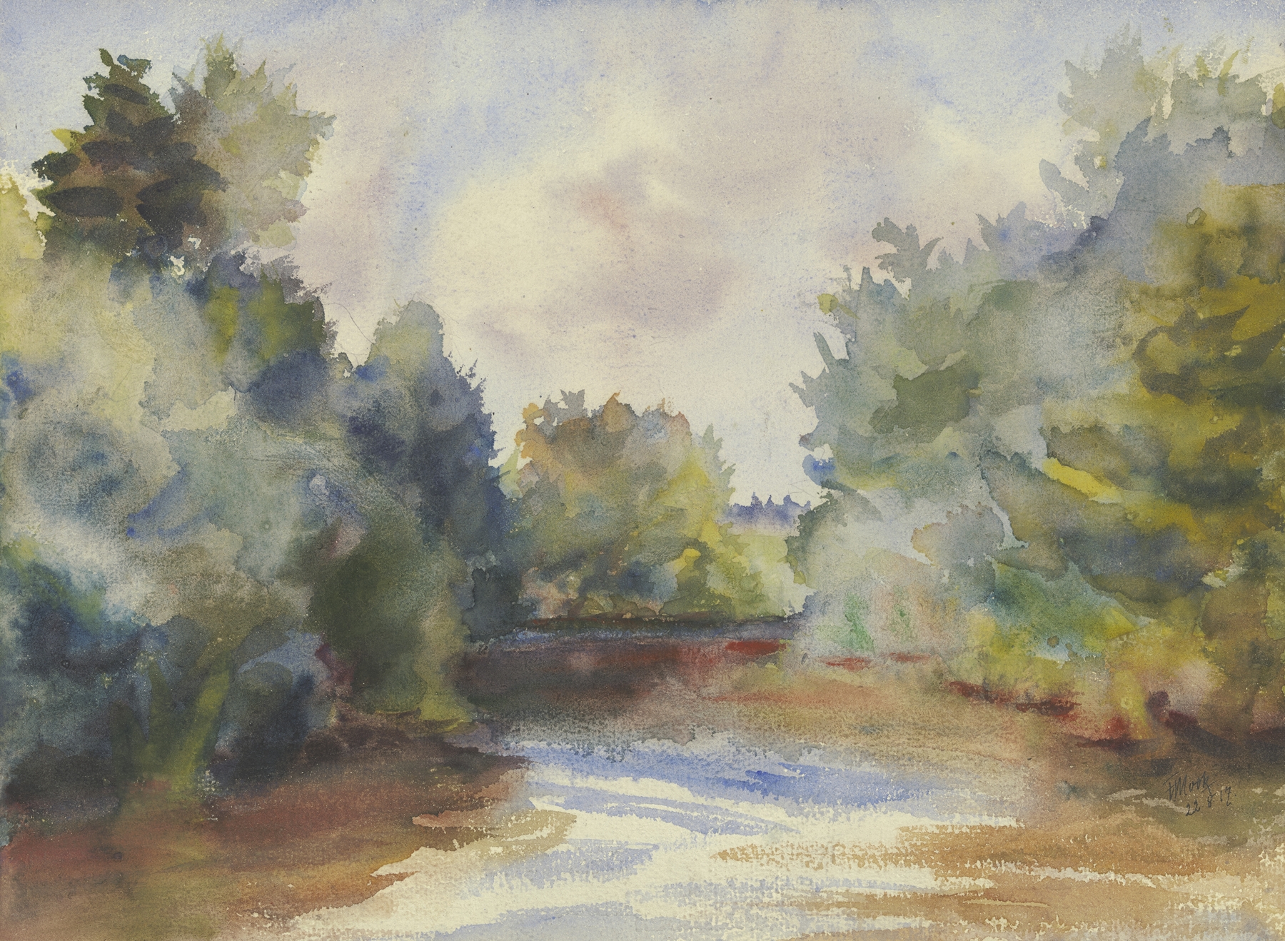 Flat landscape by Friedrich Mook, expressionism, depicting a serene horizon with muted earth tones