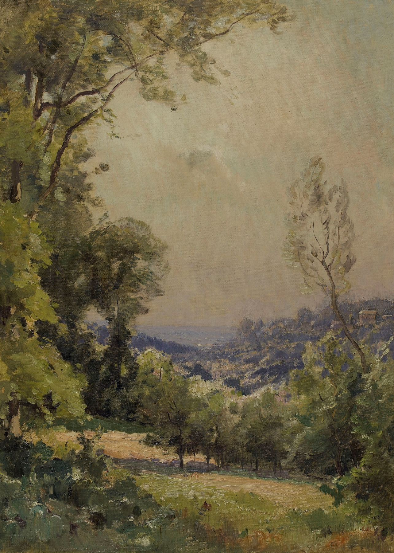 Landscape by Eugène Bourgeois, depicting hills in golden light, oil painting.