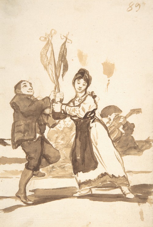 A lively outdoor dance scene with couples in traditional Spanish clothing celebrating together.