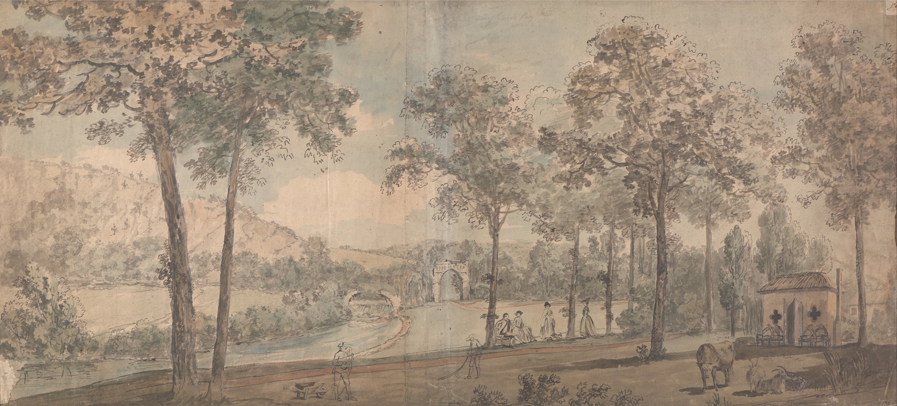 Landscape oil painting by Samuel Scott depicting rolling hills and sunlight.