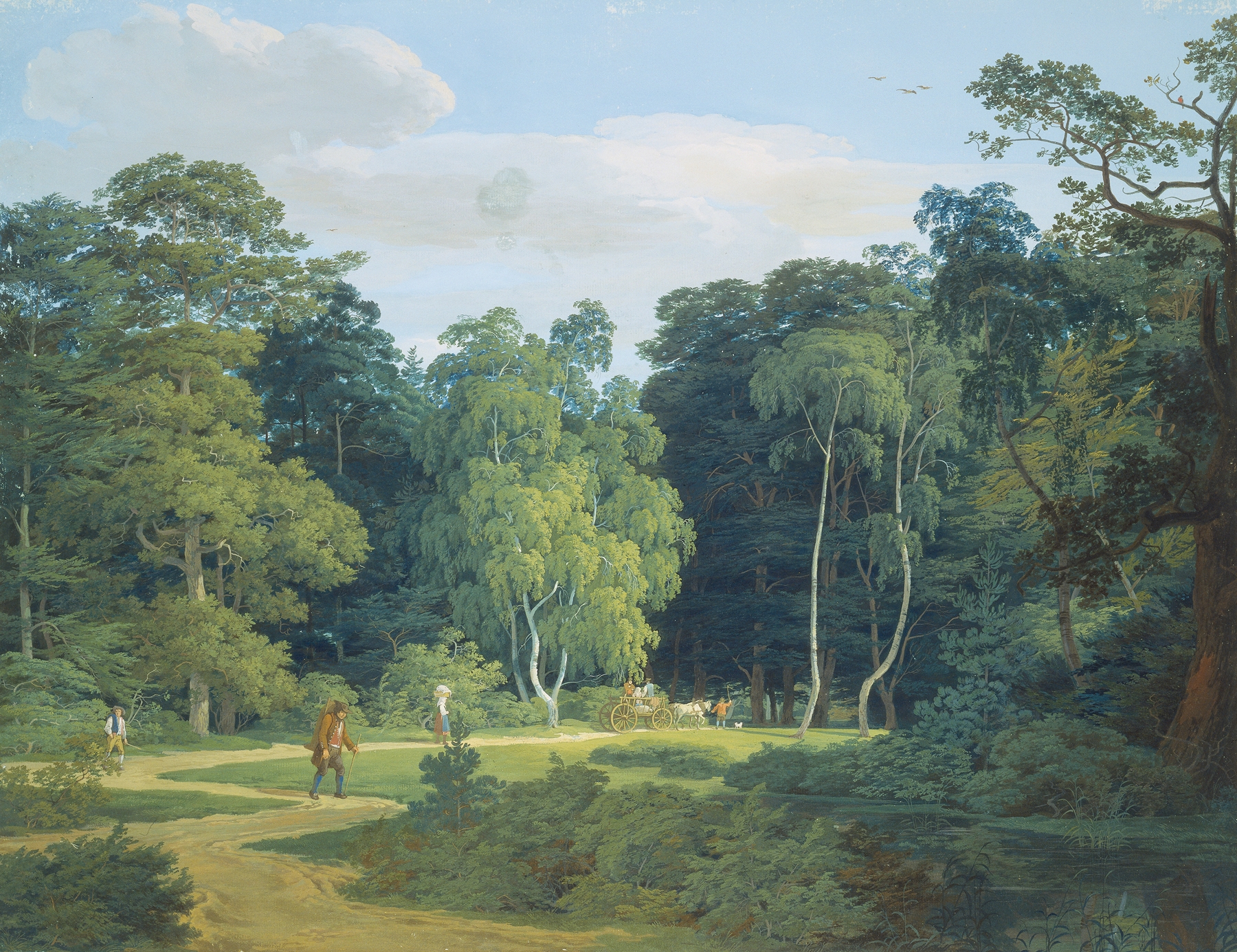 Weg im Wald zwischen Birken und Buchen, mit mehreren Wanderern und einem Bauernwagen mit zwei Schimmeln, by Anton Radl, public domain