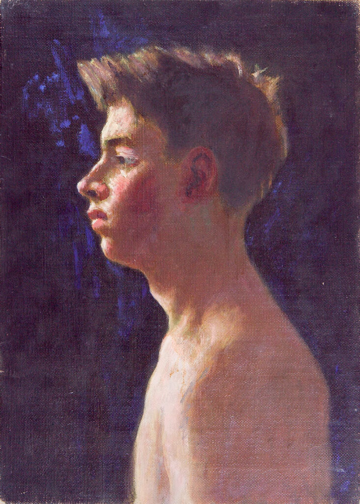 Figurative oil painting by Denman Waldo Ross featuring a human figure enveloped in shadows.