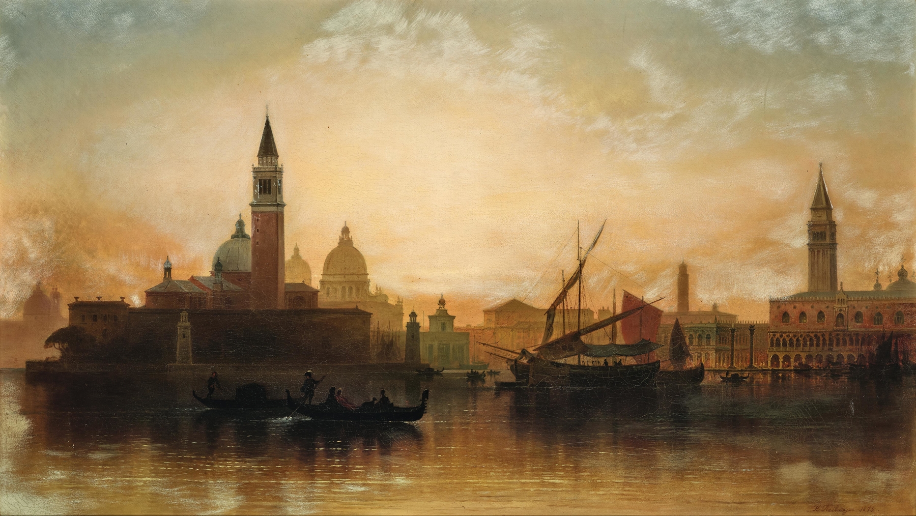 Venice in moonlight by Karl Heilmayer, oil painting depicting gondolas on water.