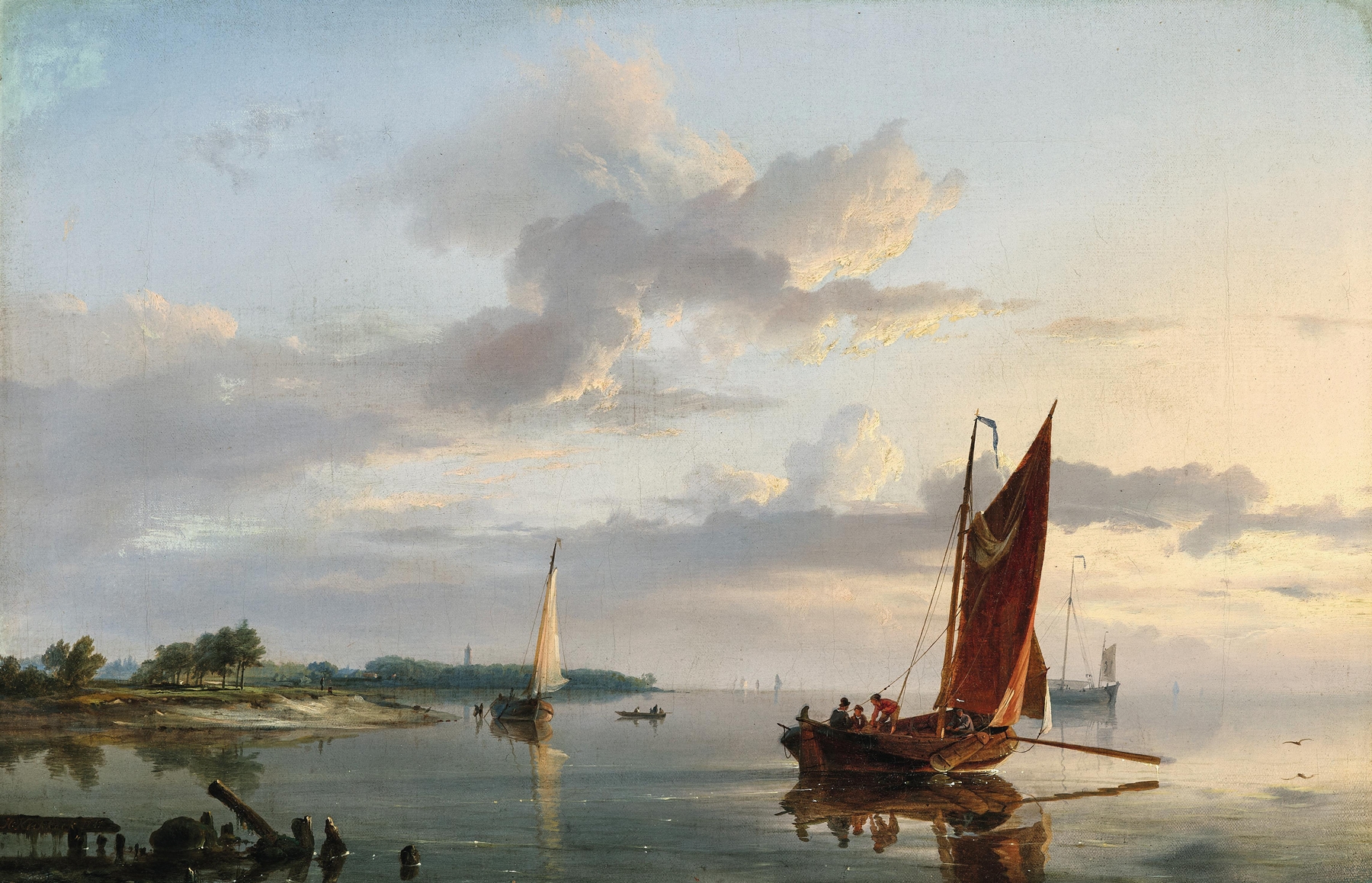 Boats on a calm sea, oil painting by Hermanus Koekkoek