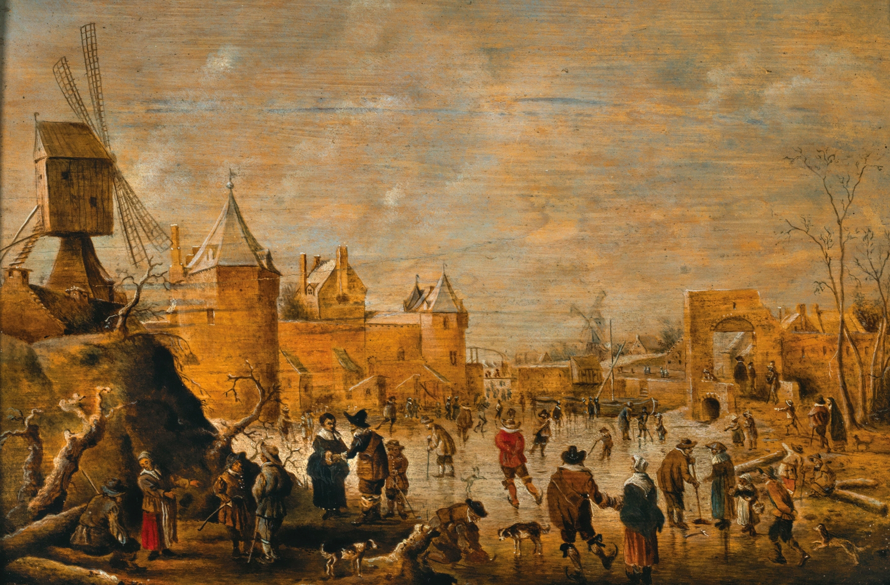 Skaters on a frozen canal, oil on canvas by Cornelis Droochsloot
