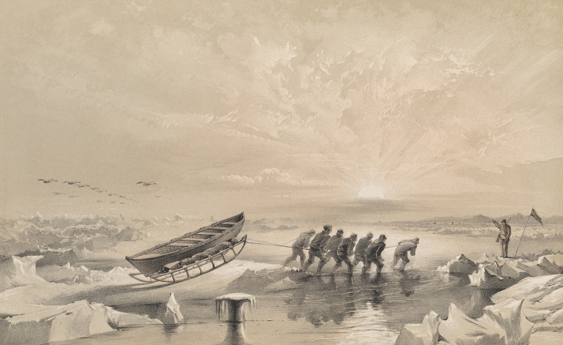 Sledge party returning through water, oil painting by Walter William May
