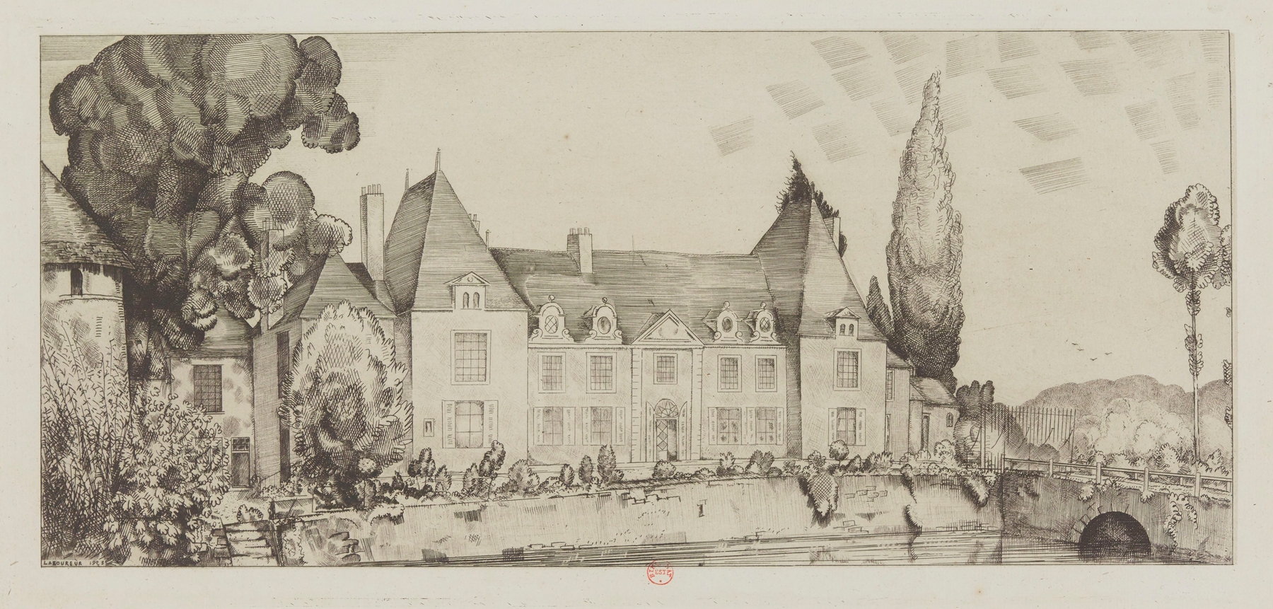 Landscape with a château and countryside by Jean-Émile Laboureur, medium unknown.