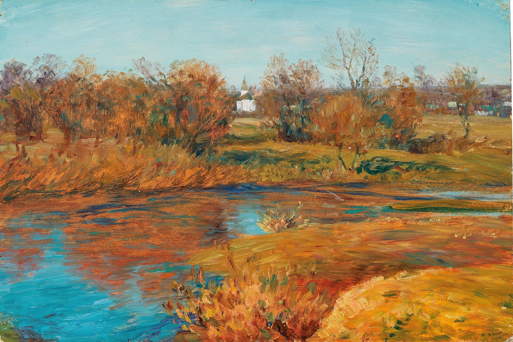 Early Spring oil painting by František Kaván depicting a serene landscape with soft greens and yellows.