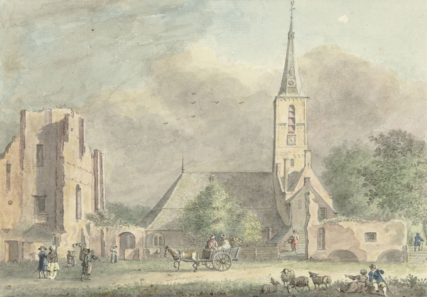 Landscape with abbey ruins in oil on canvas by Hermanus Petrus Schouten