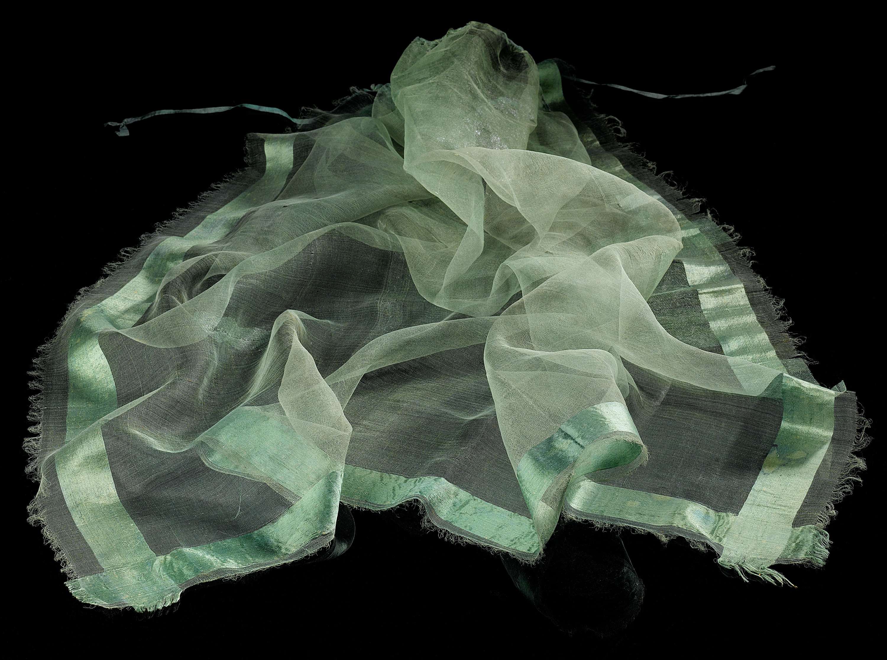 Textile artwork by Unknown Artist featuring a green silk fabric with intricate weave