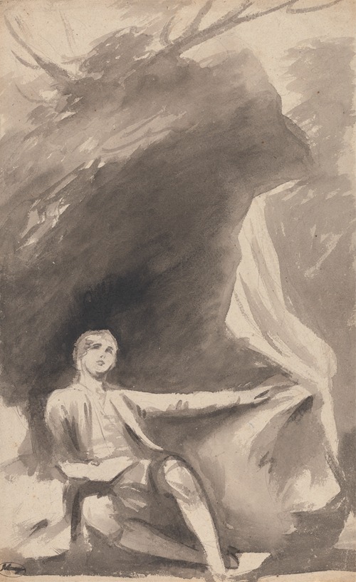 A young boy is depicted sitting beneath a large rock in a serene landscape.
