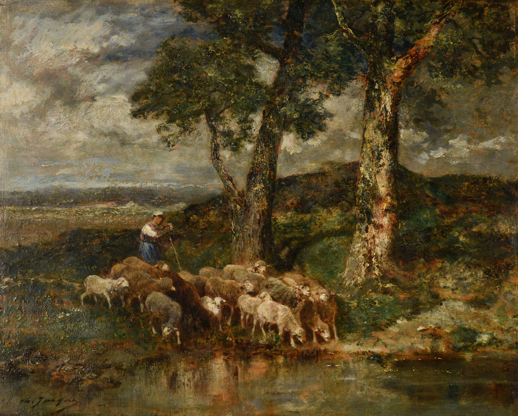 Moutons à l’abreuvoir by Charles Emile Jacque, oil painting depicting sheep near a water trough.