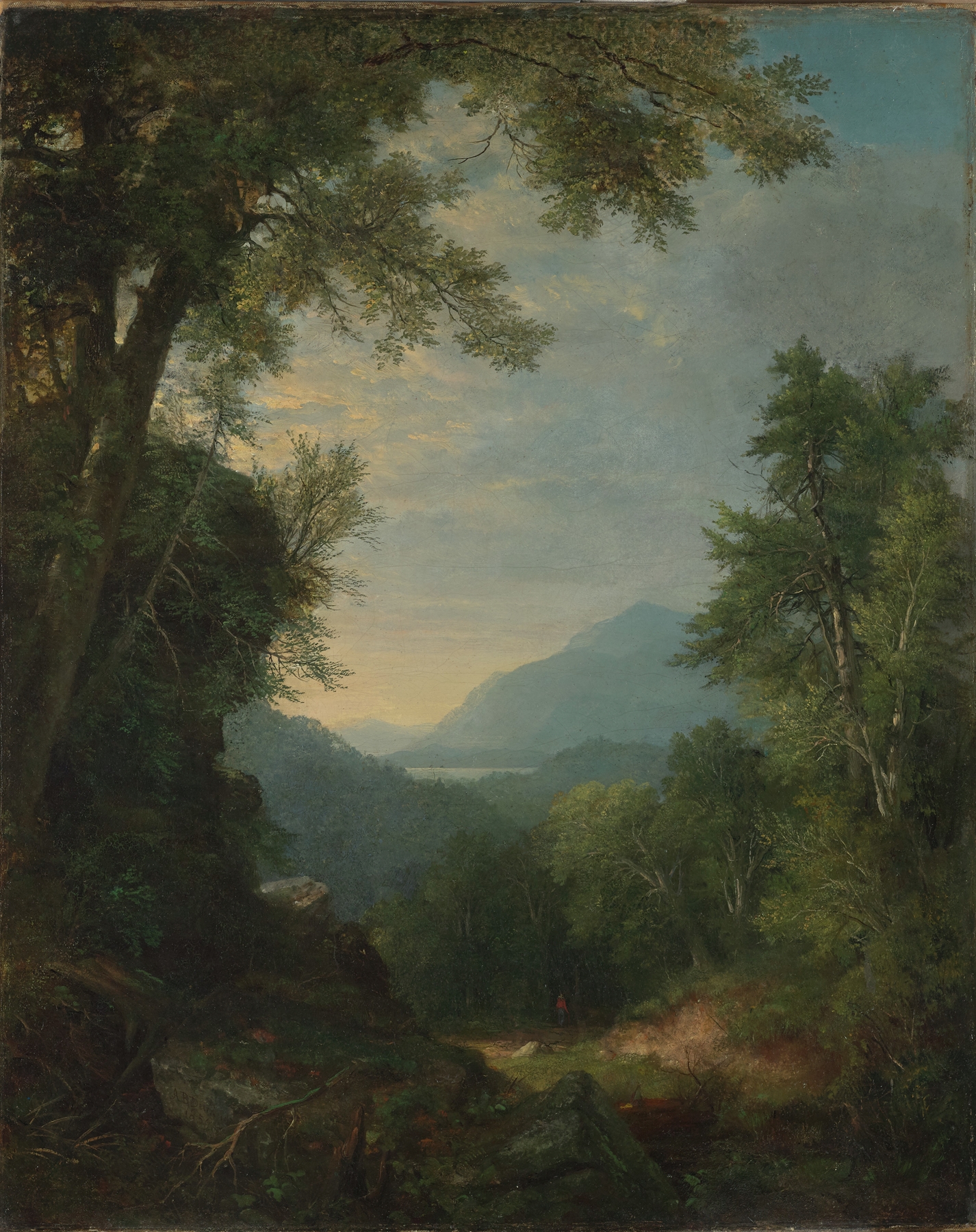 Landscape by Asher Brown Durand, oil painting depicting a lush forest with soft light.