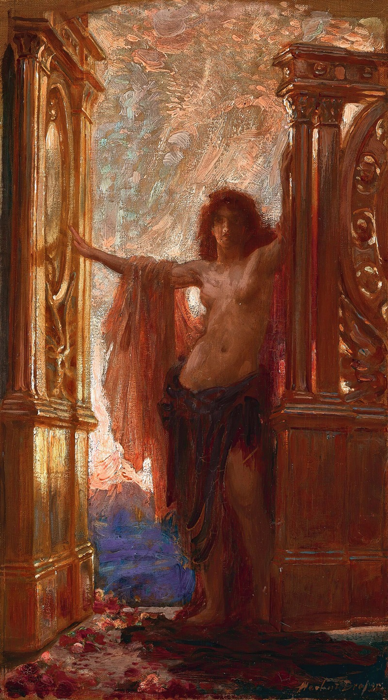 Herbert James Draper's painting 'The Gates of Dawn' depicts a mythical scene filled with vibrant colors.