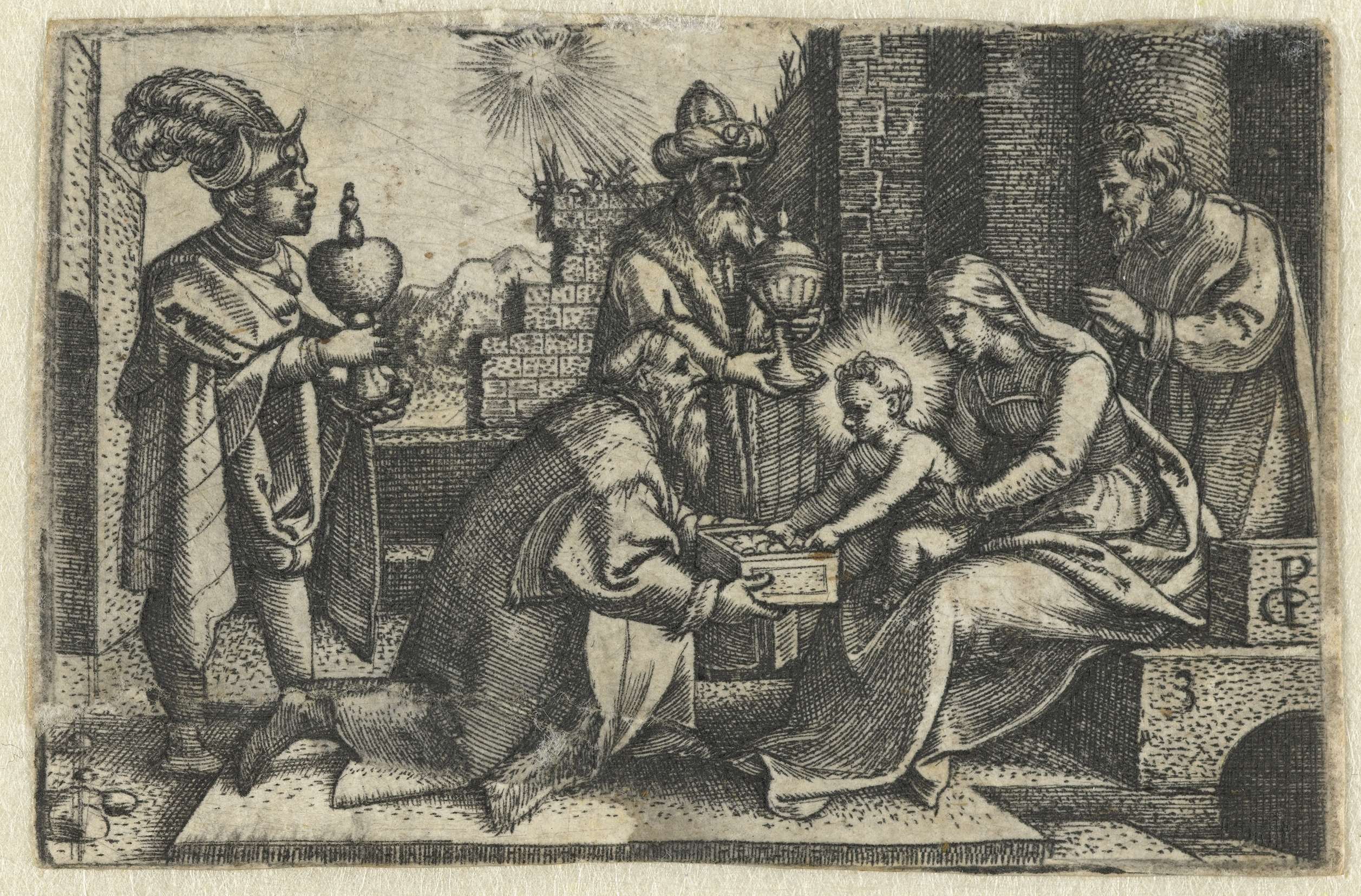 Aanbidding der koningen, by Georg Pencz, public domain
