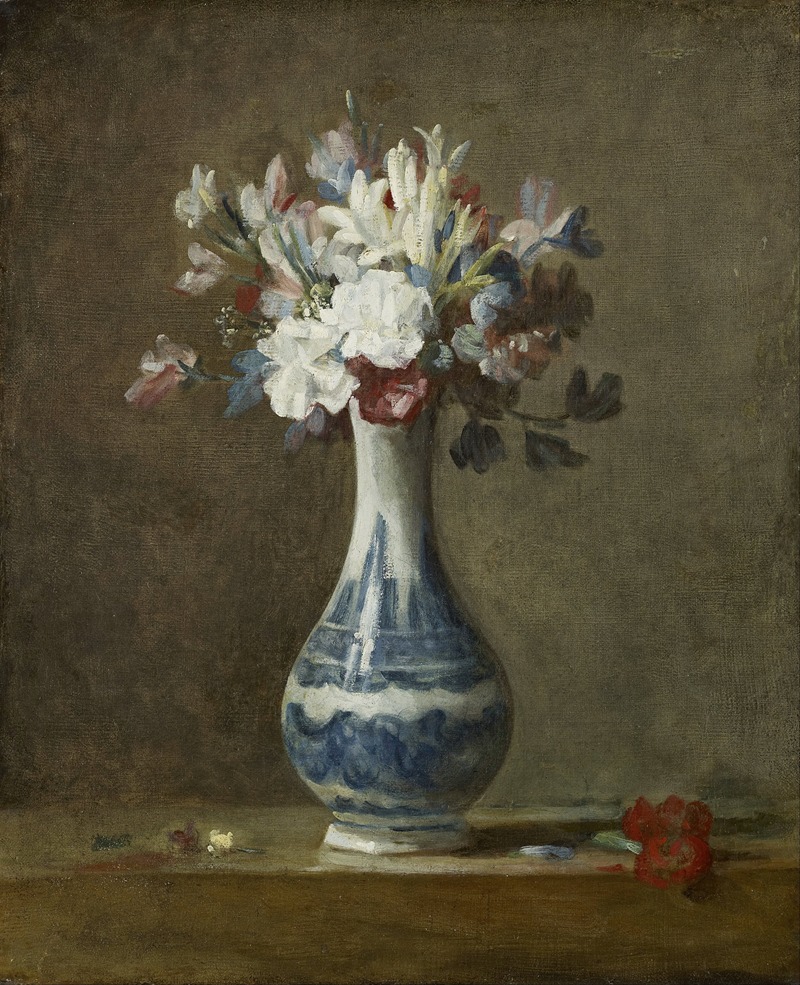 A still life painting featuring a vase of flowers by Jean Siméon Chardin.