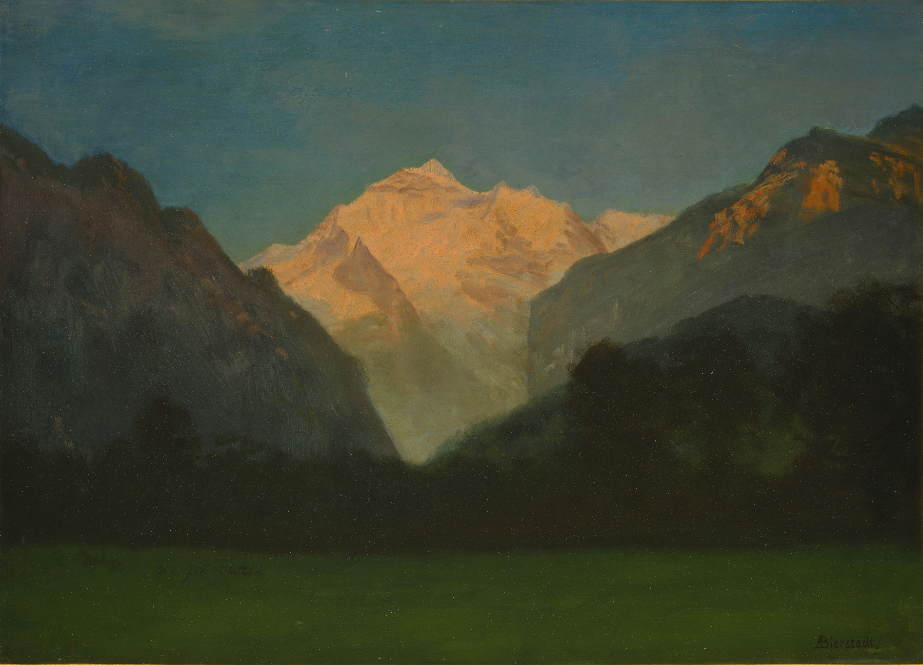 Oil painting by Albert Bierstadt depicting a sunset over a glacier and mountains