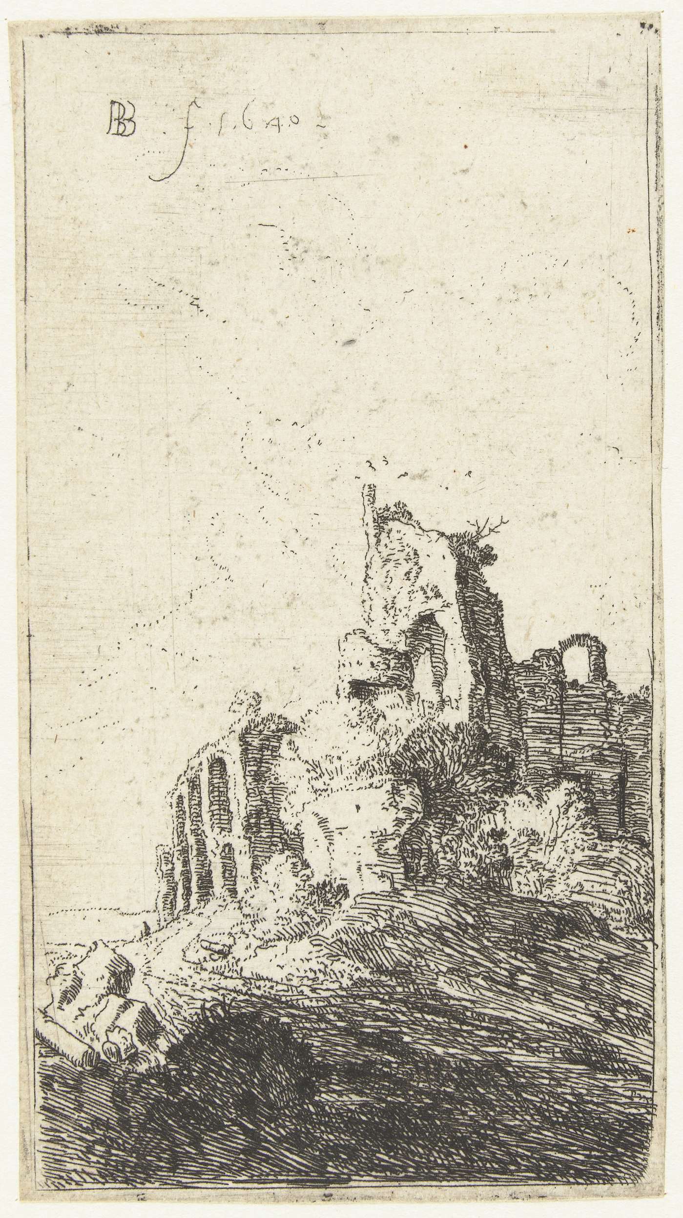 Nymph in distress with a satyr, etching by Bartholomeus Breenbergh