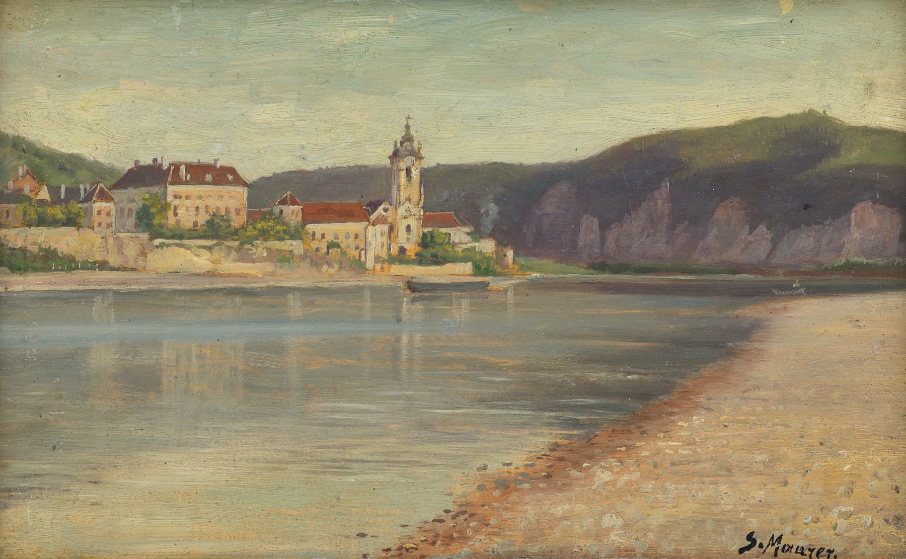 Impressionist landscape by Serafin Maurer depicting Dürnstein and the river.