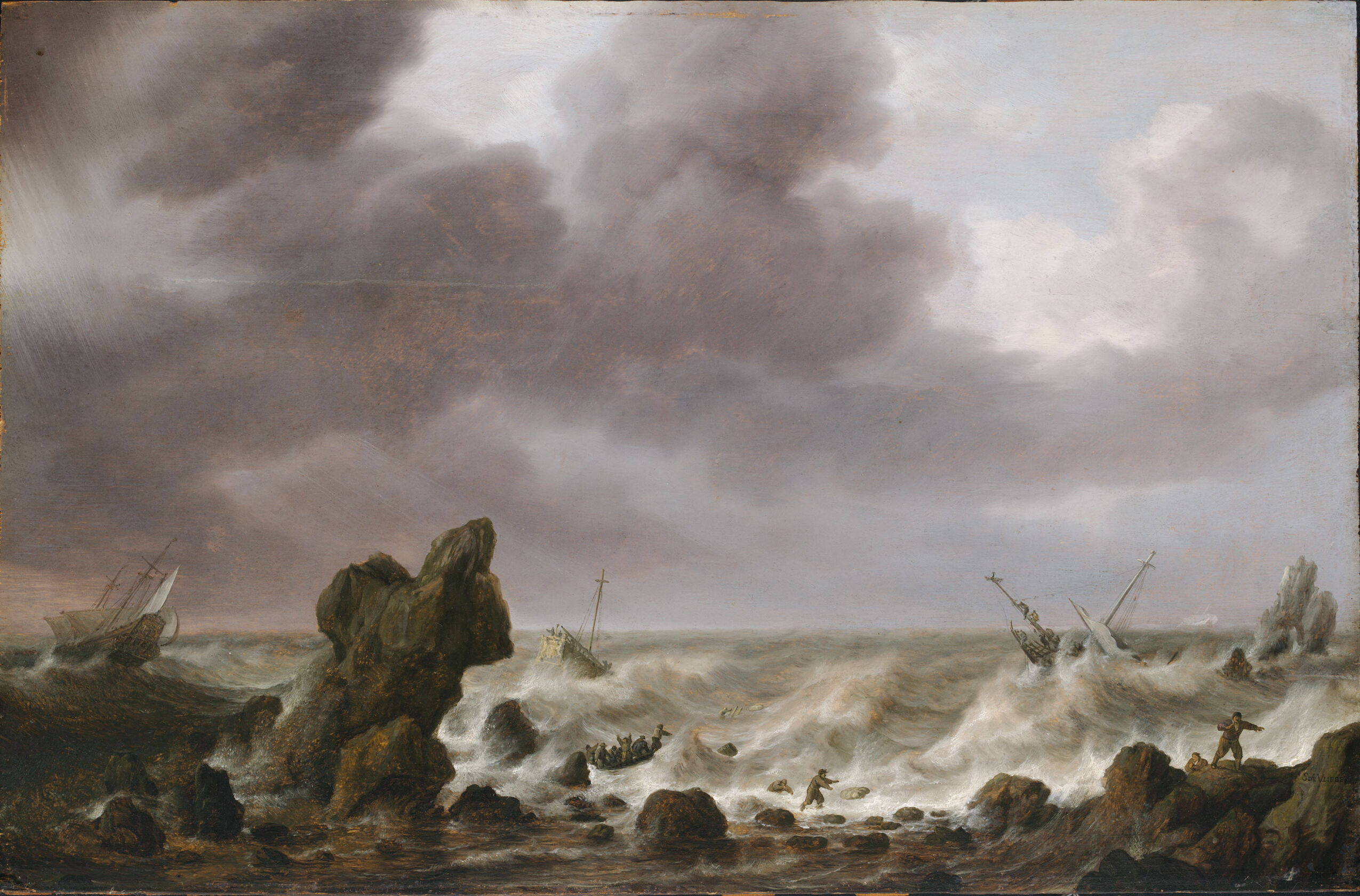 Ships in Distress on a Rocky Coast, by Simon de Vlieger, public domain