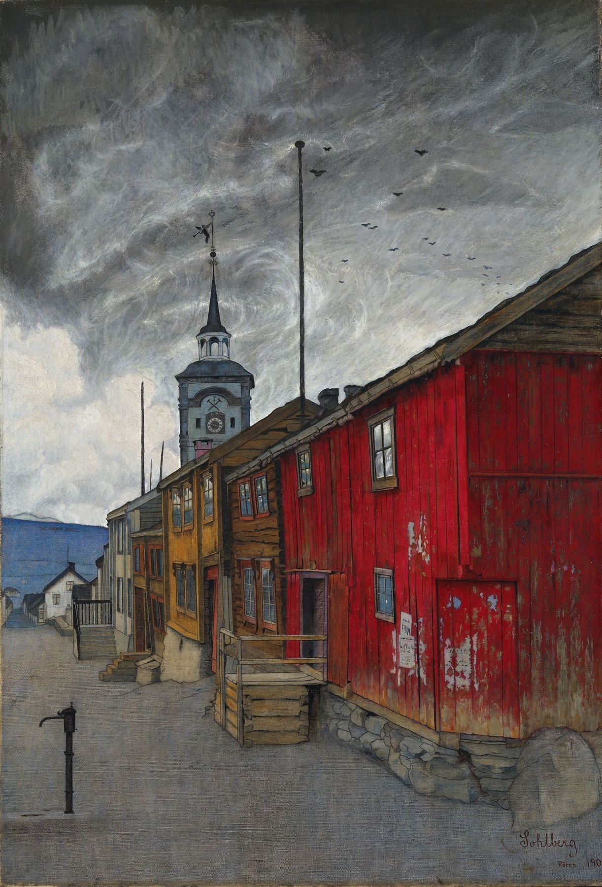 Street in Røros by Harald Sohlberg, oil on canvas depicting a snowy village at dusk.